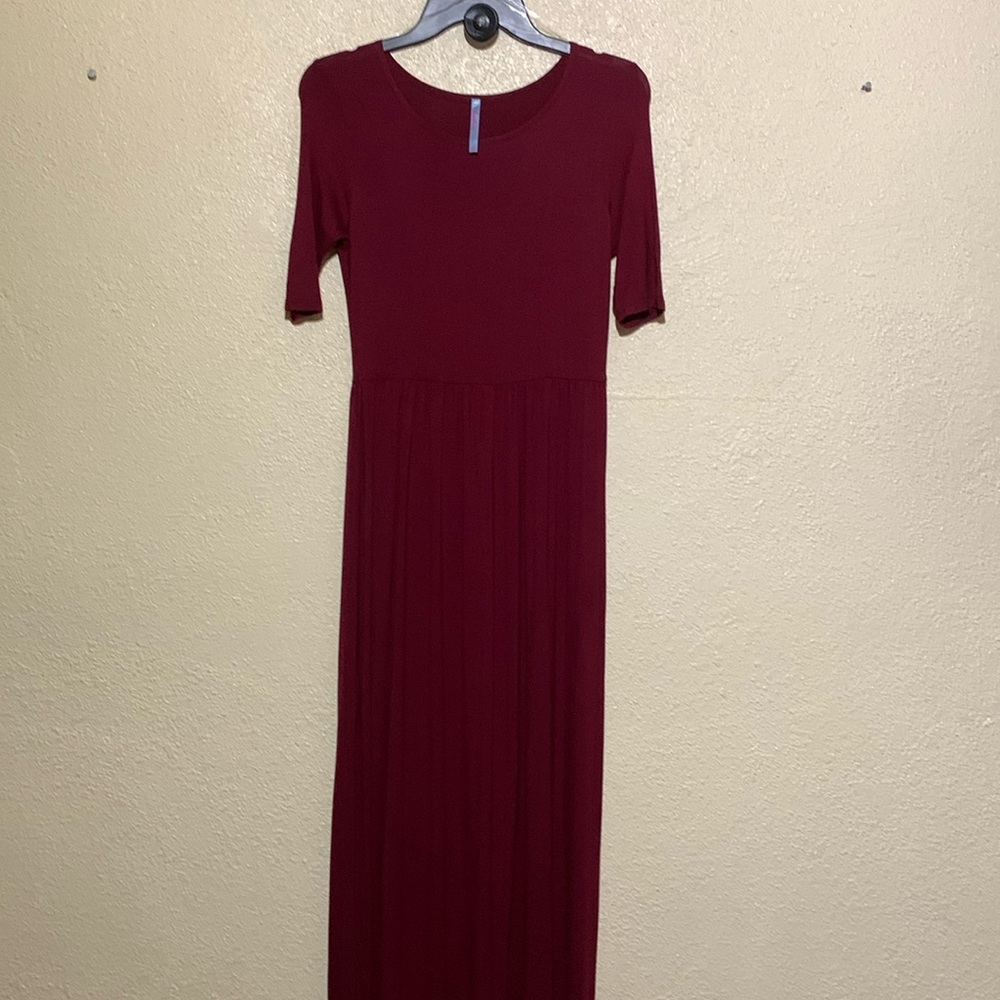 Azules Maxi Dress L Burgundy Red Stretchy Pull Over Round Neck Rayon Spandex